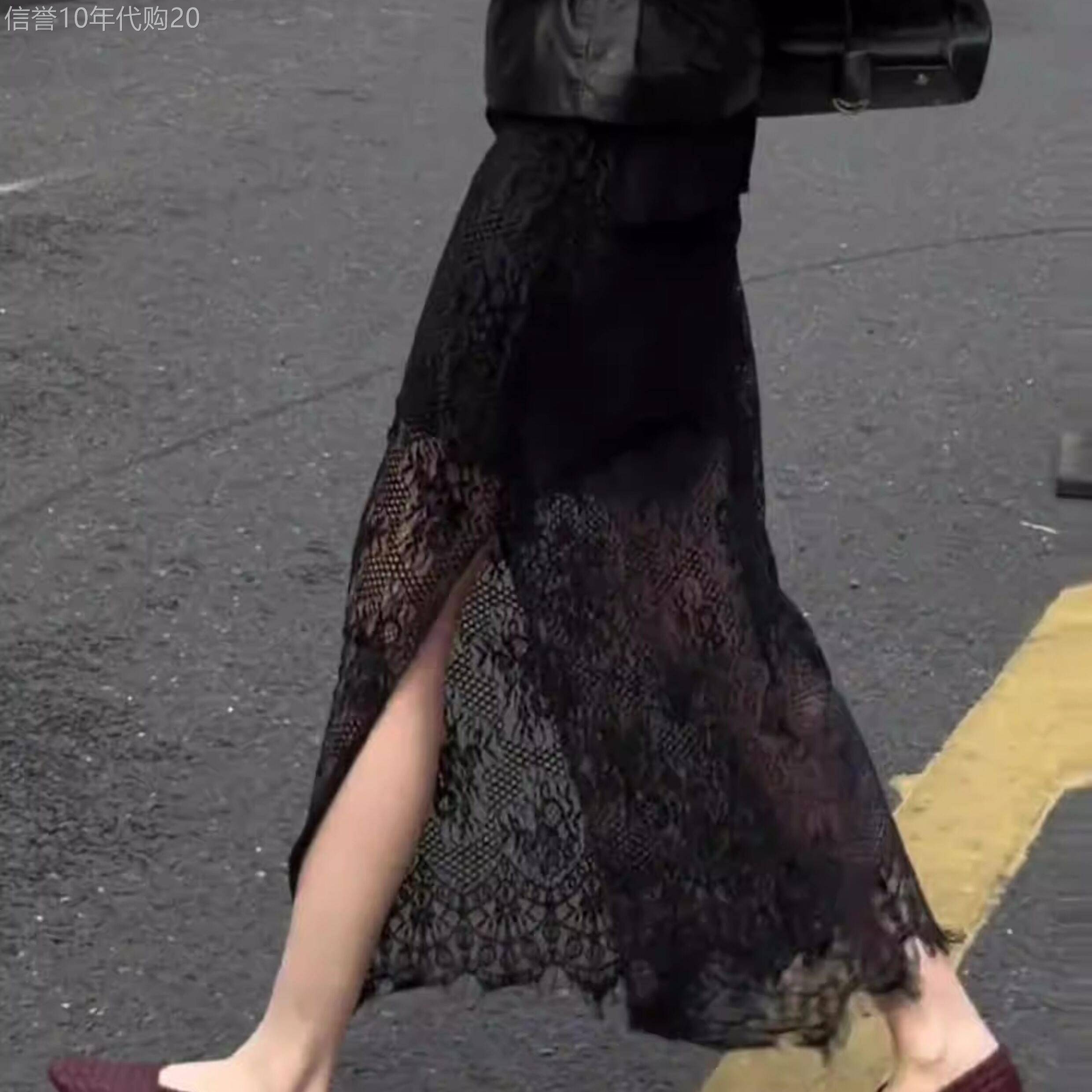 黑色高级感侧开叉蕾丝A字半身裙女春季高腰气质百搭洋派包臀裙子
