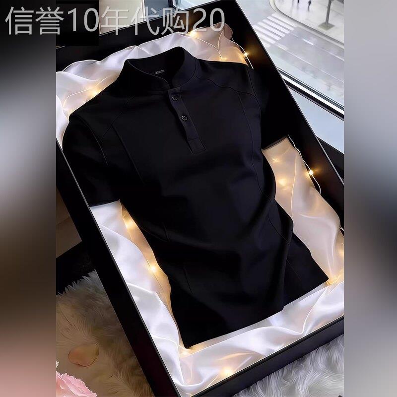高端亨利领正肩短袖T恤男款夏季新款美式宽肩显瘦polo衫重磅半袖