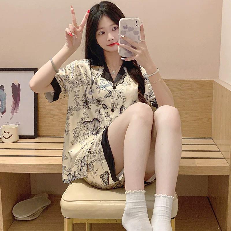 日本冰丝睡衣女2026新款夏季短袖凉感套装高级感水墨画女士家居服
