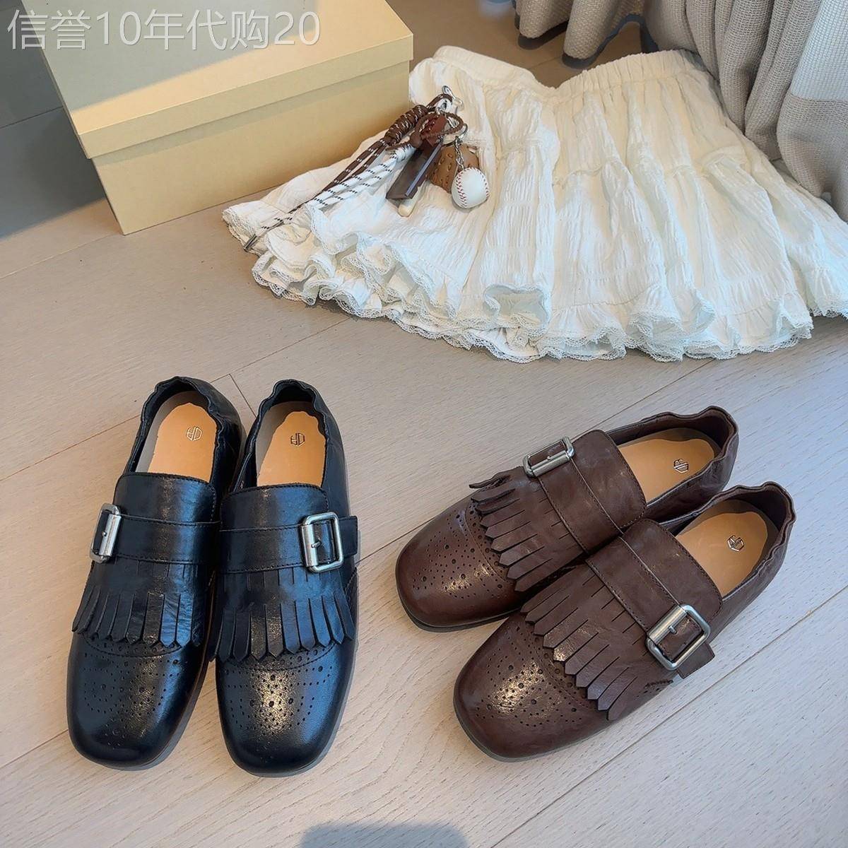 香港英伦风红色复古流苏扣小皮鞋女2026新款平底布洛克乐福单鞋子