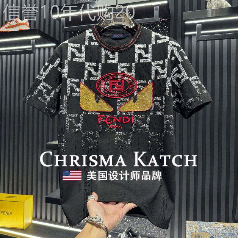 出口美国Chrisma Katch~高端刺绣怪兽印花短袖T恤轻奢破洞半袖