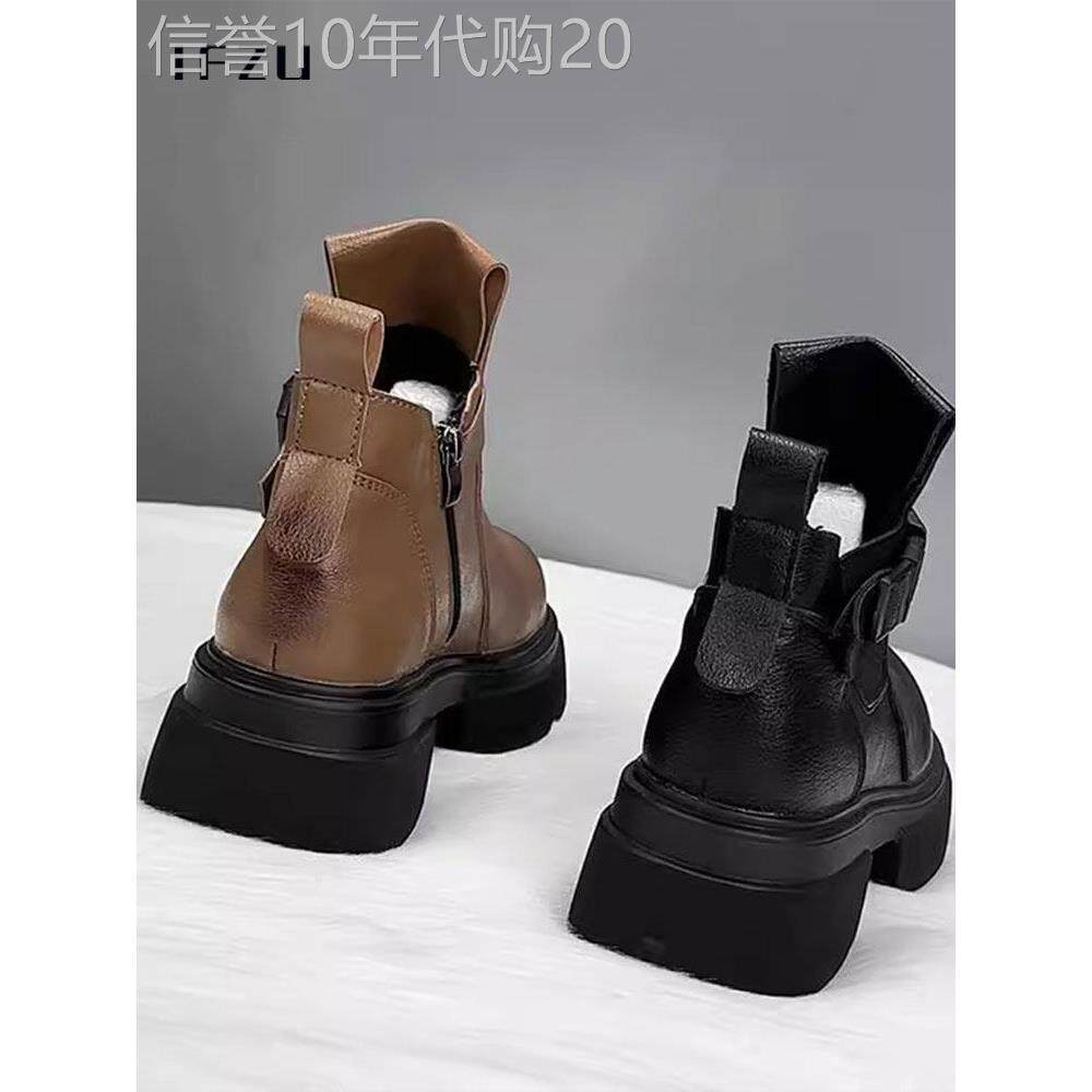 真品真皮女靴2025春秋季新款天鹅绒小厚底增加英伦风格切尔西短靴