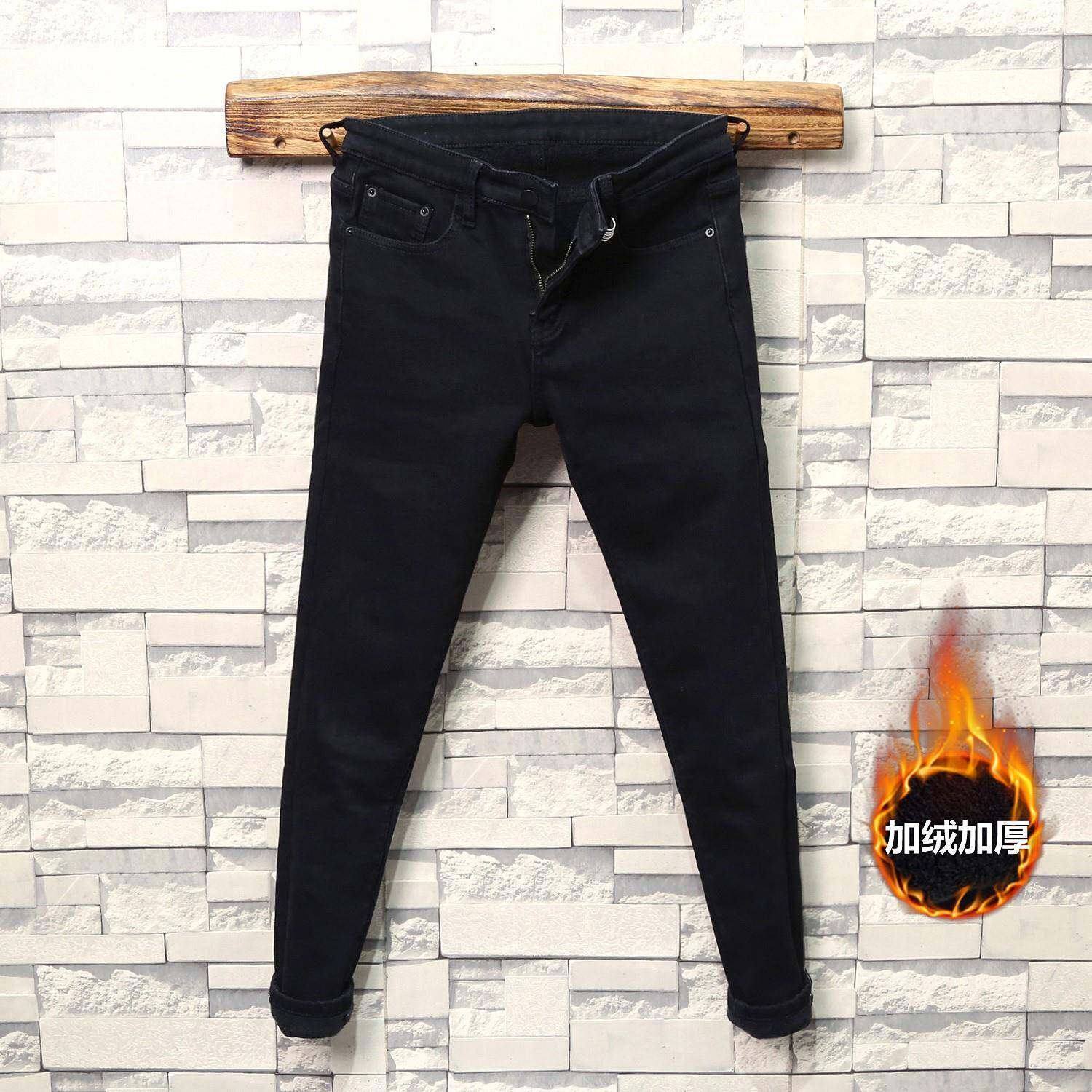 潮牌黑色加绒加厚牛仔裤男冬季韩版潮流修身小脚显瘦百搭保暖长裤
