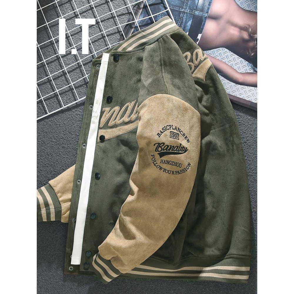 香港时尚品牌美式橄榄色块棒球制服秋冬宽松加胖大码飞行员夹克