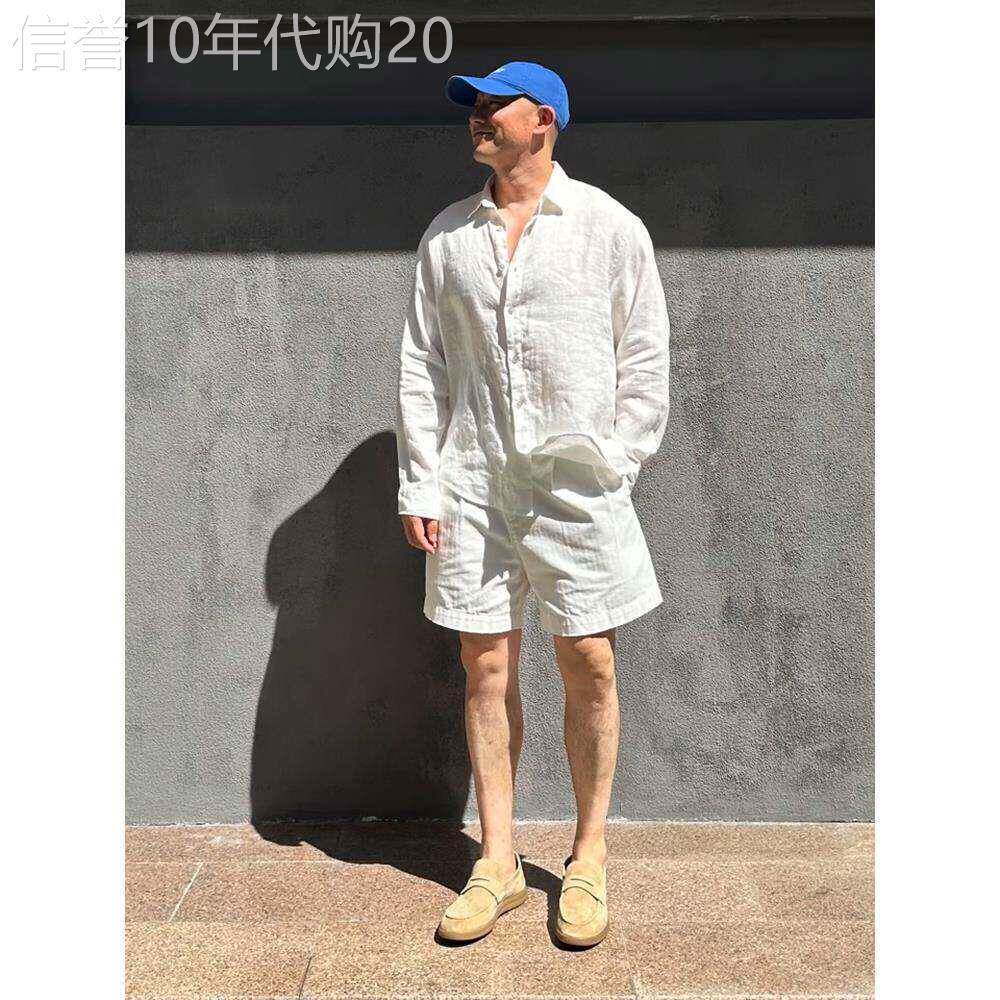 亚麻衬衫套装男夏季薄款凉感速干透气翻领上衣短裤男装穿搭一整套