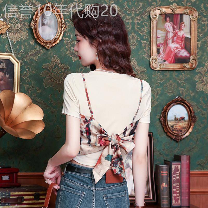 印花假两件短袖t恤女短款夏季薄款2025新款时尚洋派蝴蝶结上衣女