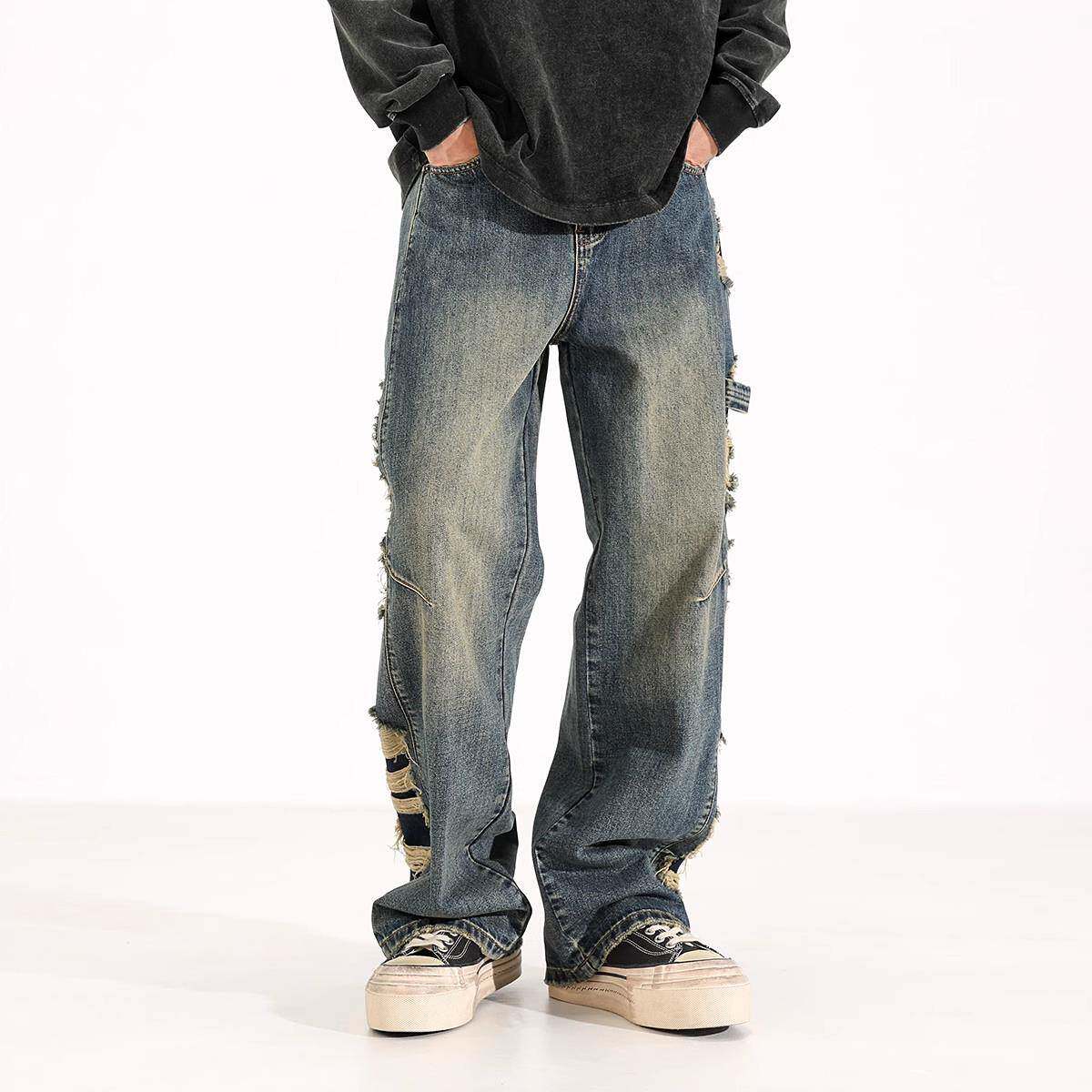香港潮牌牛仔裤男秋季新款美式复古水洗做旧破洞直筒裤男士阔腿裤