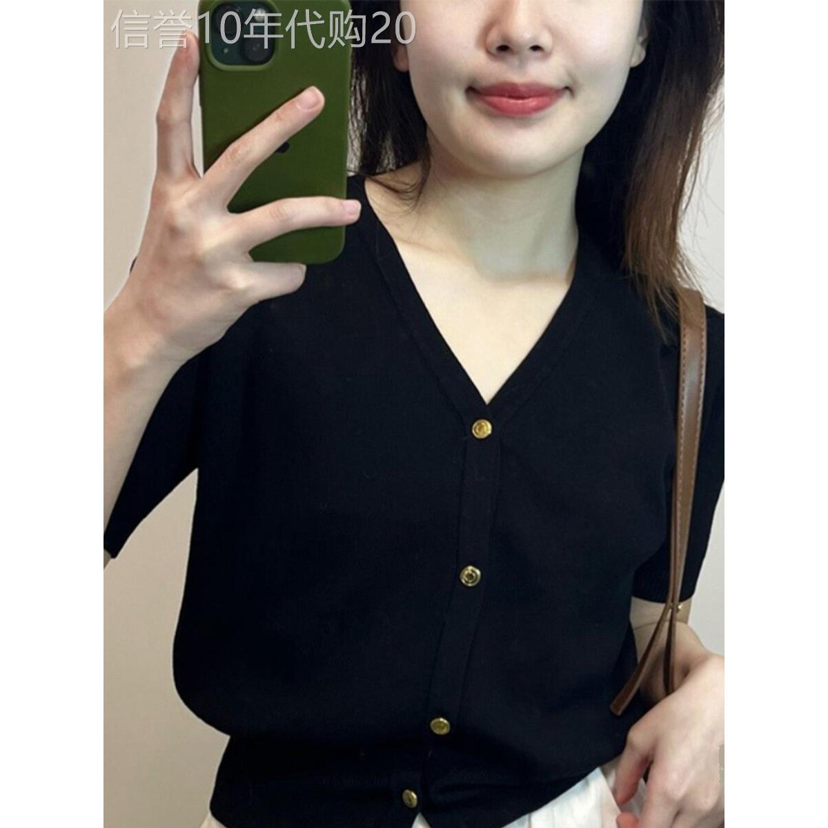 黑色针织开衫外套女士上衣高级感夏季穿搭冰丝短款T恤v领短袖小衫