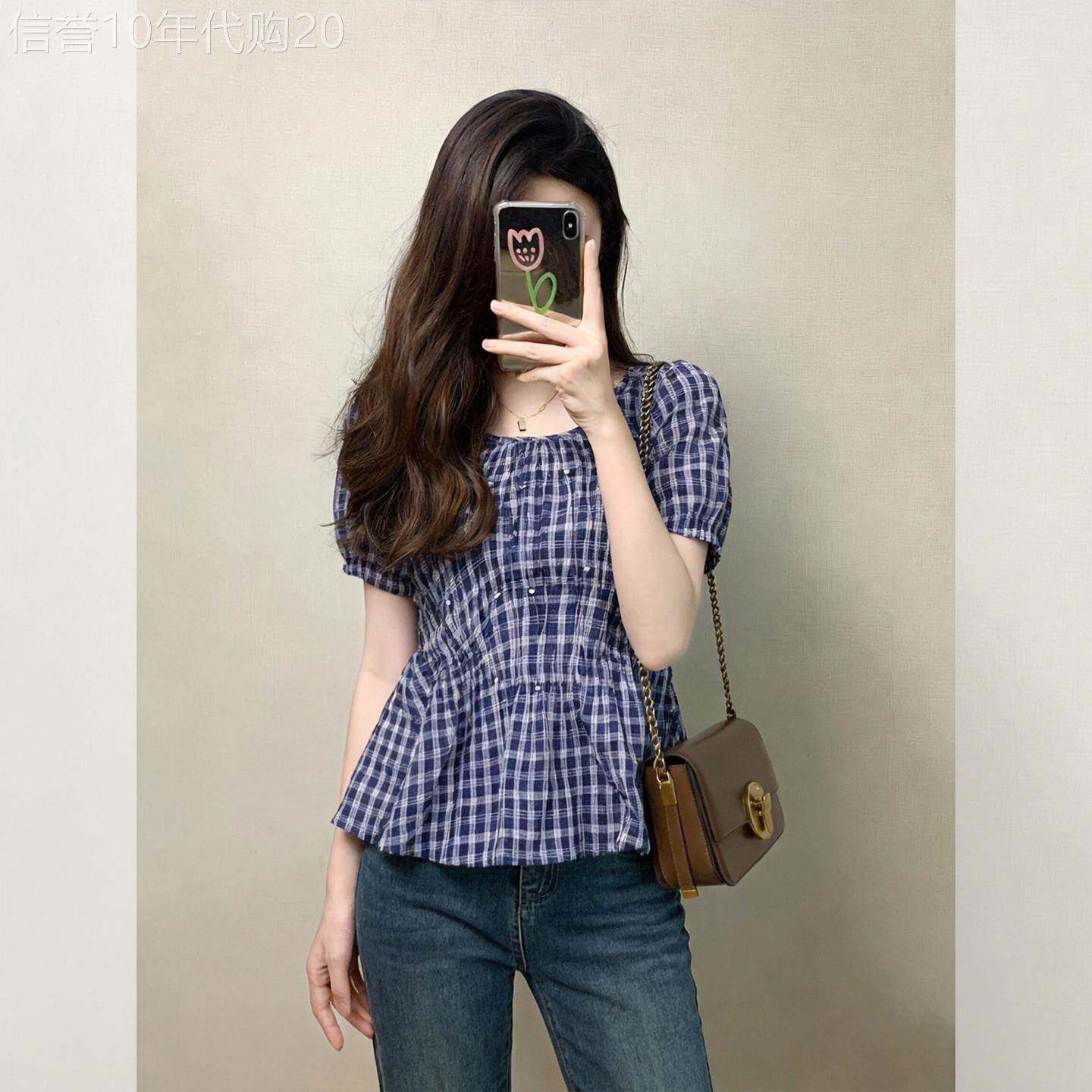 法式蓝色格子衬衫女款夏装2026新款轻奢高级感洋气减龄泡泡袖上衣