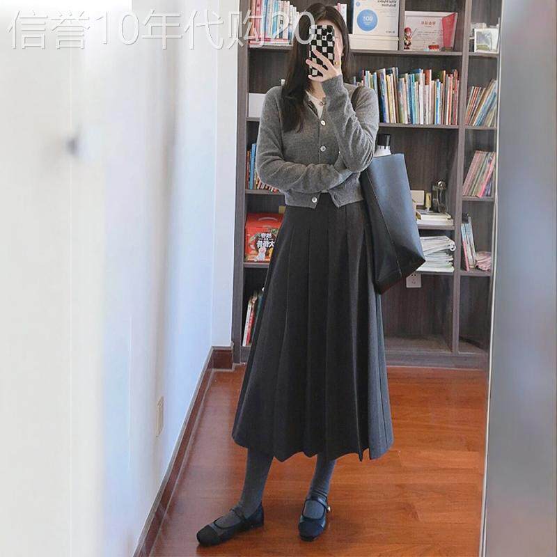 灰色西装百褶裙女秋冬季大码高腰遮肚显瘦垂感a字中长款半身裙子