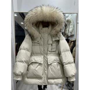 欧洲站冬羽绒服女中长款连帽收腰大毛领小个子加厚白鸭绒保暖外套