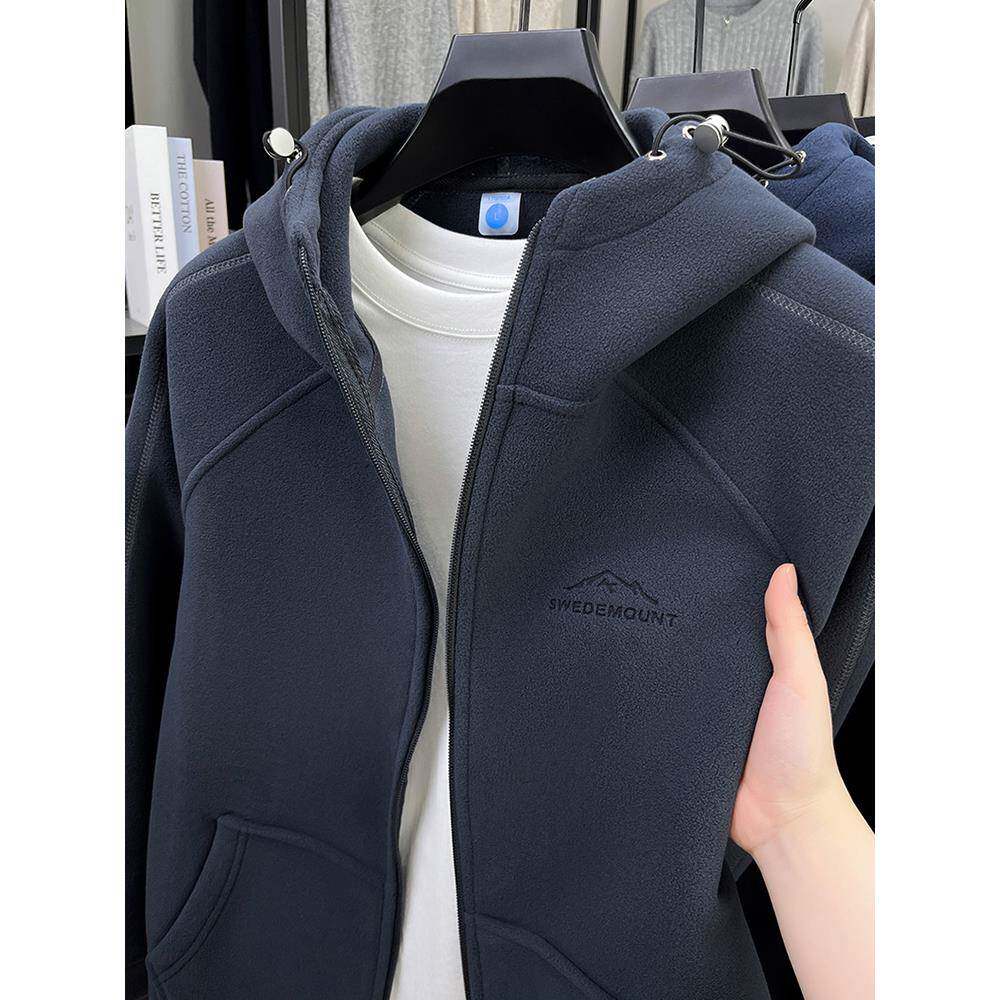 重磅摇粒绒连帽外套男士秋冬季加绒加厚抓绒开衫卫衣防风保暖夹克