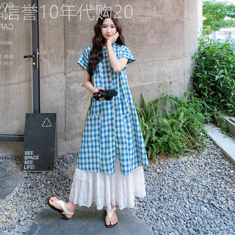 蓝色格子刺绣衬衫式洋装叠穿半身裙两件套2025夏日独特漂亮套装裙