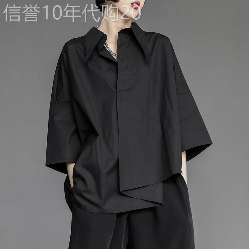 黑色衬衫女夏季薄款2025新款大尺码设计感小众不规则七分袖衬衣上