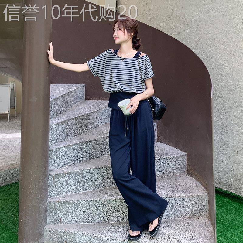 深蓝色韩里韩气穿搭套装女夏2026新款假两件露肩上衣阔腿裤两件套