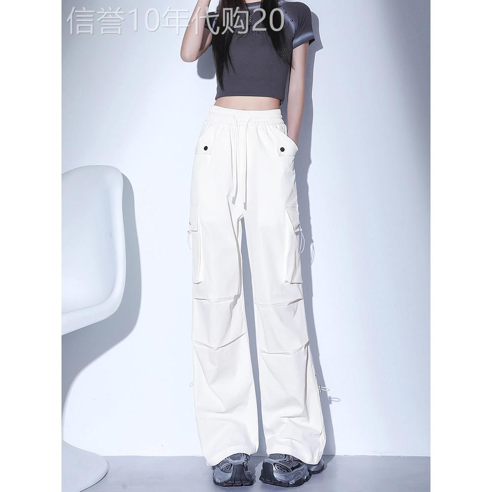 美式多口袋白色工装裤女春秋2025年新款辣妹宽松阔腿显瘦直筒裤子