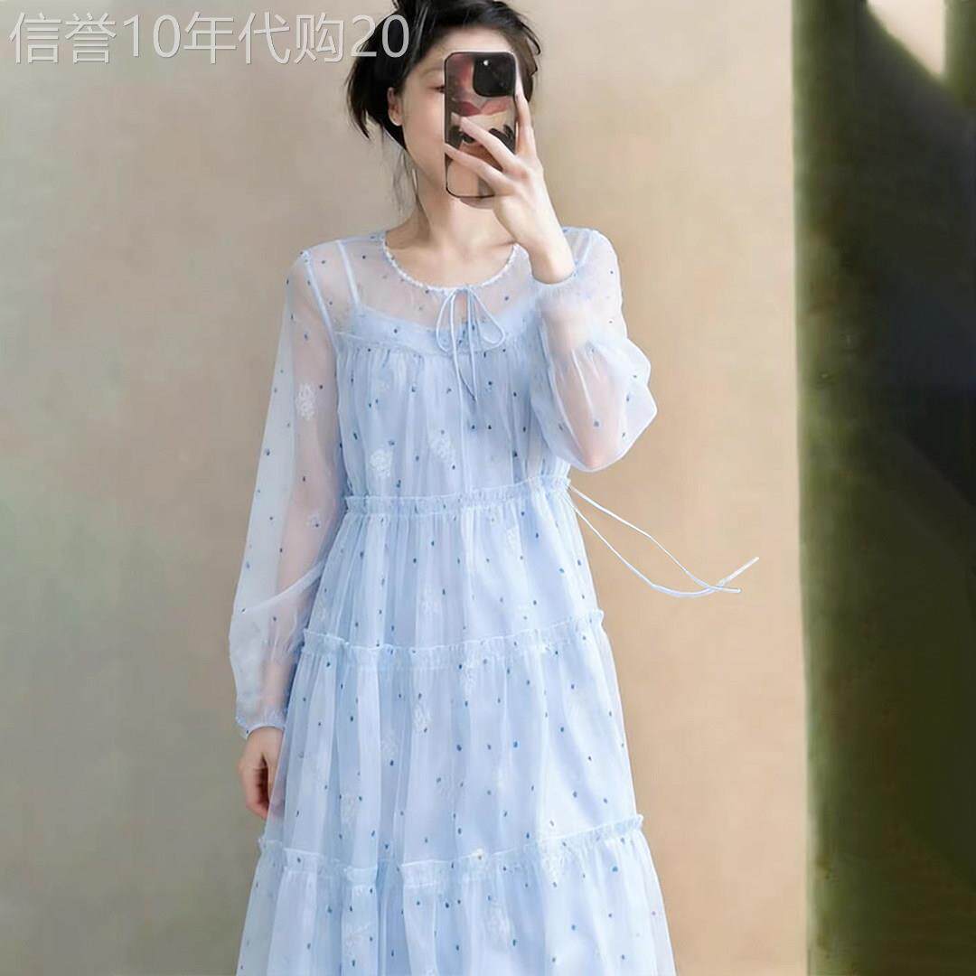 法式蓝色波点雪纺洋装女2026夏季新款小个子巨好看的防晒长裙子