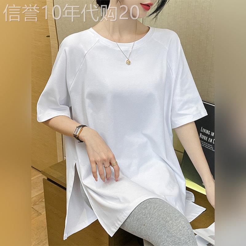 潮牌宽松韩版开叉中长版白色T恤女夏遮肚子显瘦半袖大尺码T恤上衣