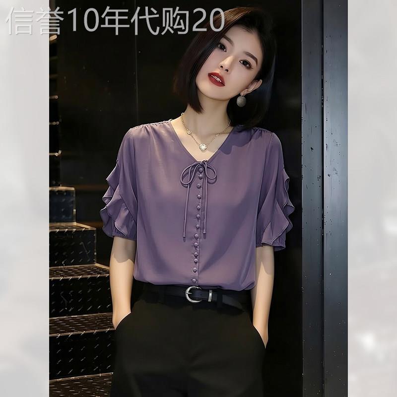 设计感减龄短袖衬衫女夏季2026年新款绝美紫色雪纺衫干练显瘦上衣