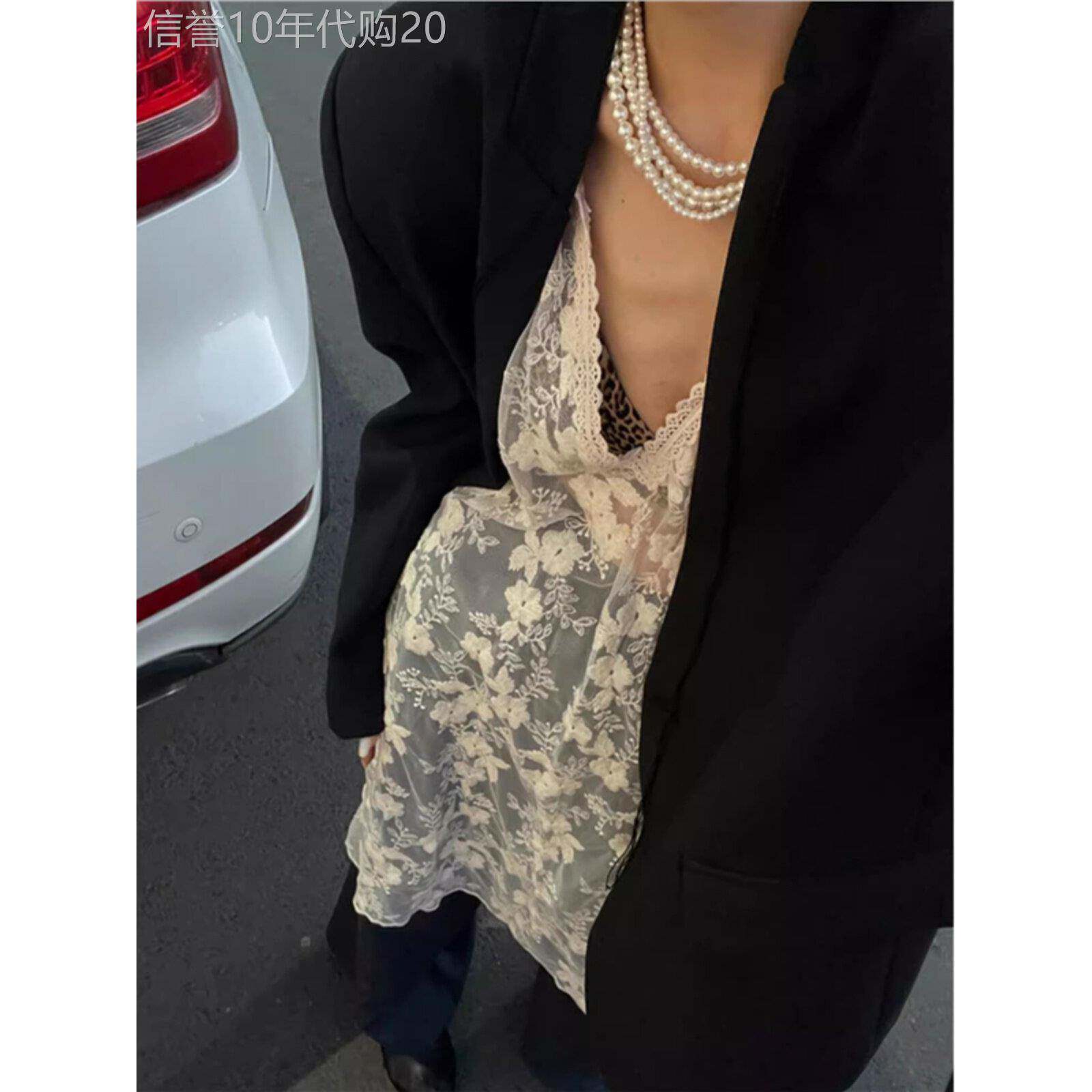 韩国重工业花蕾丝拼接深V背心女式春秋欧洲站中长内上衣
