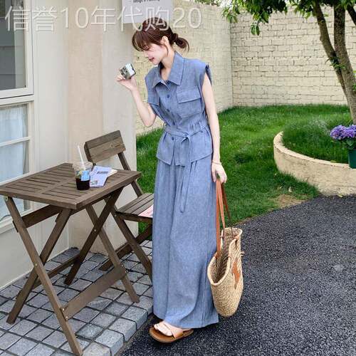 蓝色无袖衬衫马甲阔腿裤两件套装女2026夏新款气质显瘦老钱风穿搭