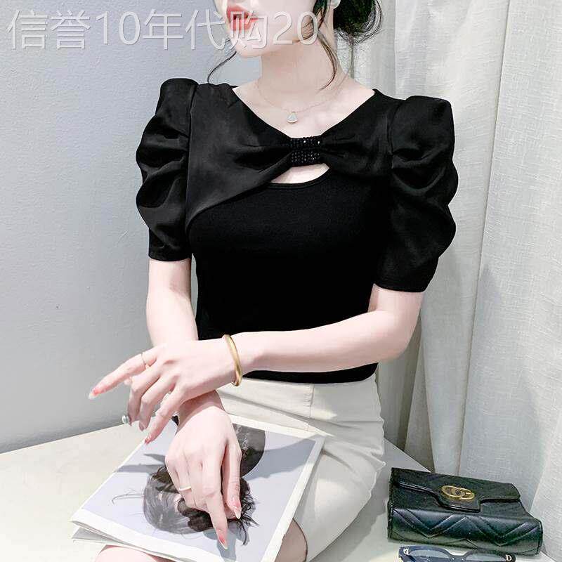 黑色短袖T恤女夏季2026年新款设计感小众时尚减龄泡泡袖短款上衣