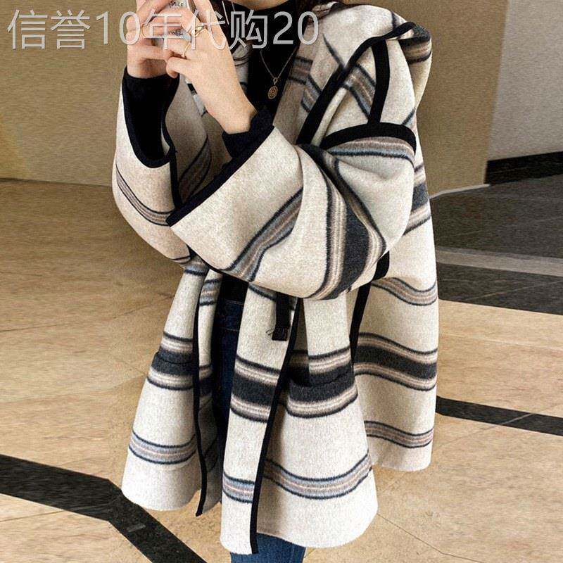 双面呢连帽外套女士秋冬欧货洋气宽松加厚网红款条纹斗篷呢大衣潮