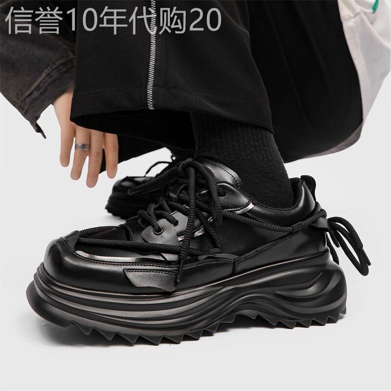 【高品质】小众方头男士厚底增高鞋子老爹鞋小众绑带德比黑色皮鞋