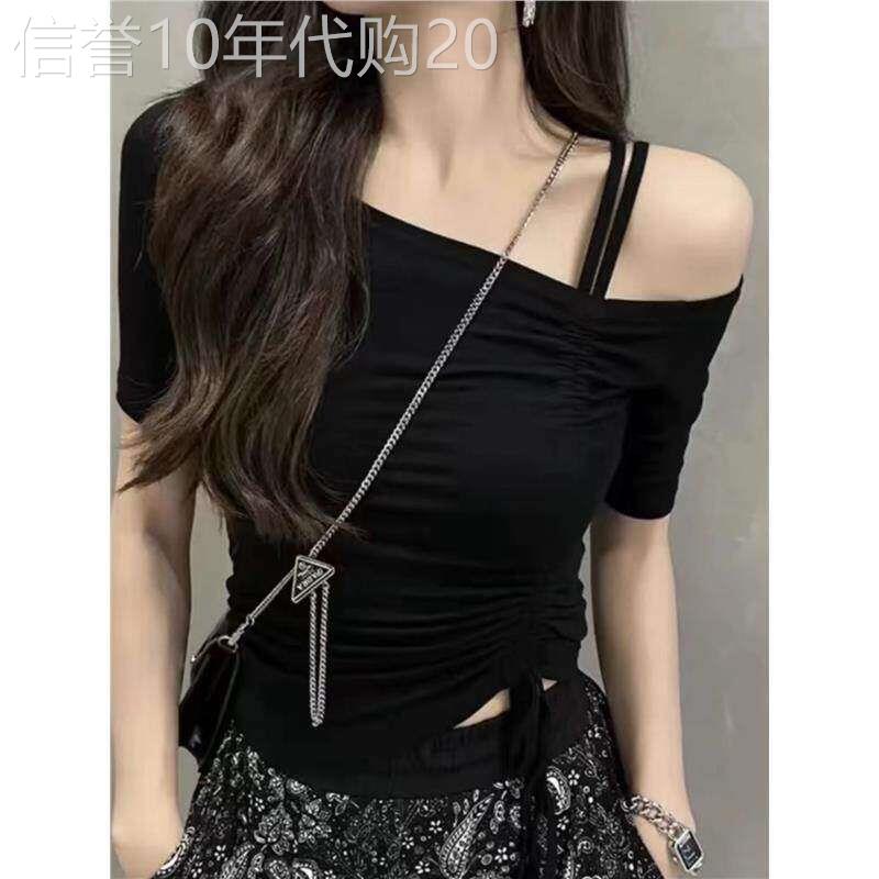露肩抽绳短袖T恤女夏季新款纯欲短款显瘦别致辣妹锁骨一字肩上衣