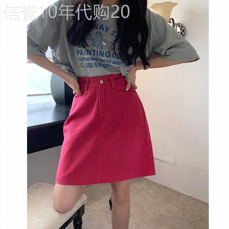 玫红色甜辣牛仔半身裙女夏季欧洲站遮胯显瘦a字包臀裙防走光短裙