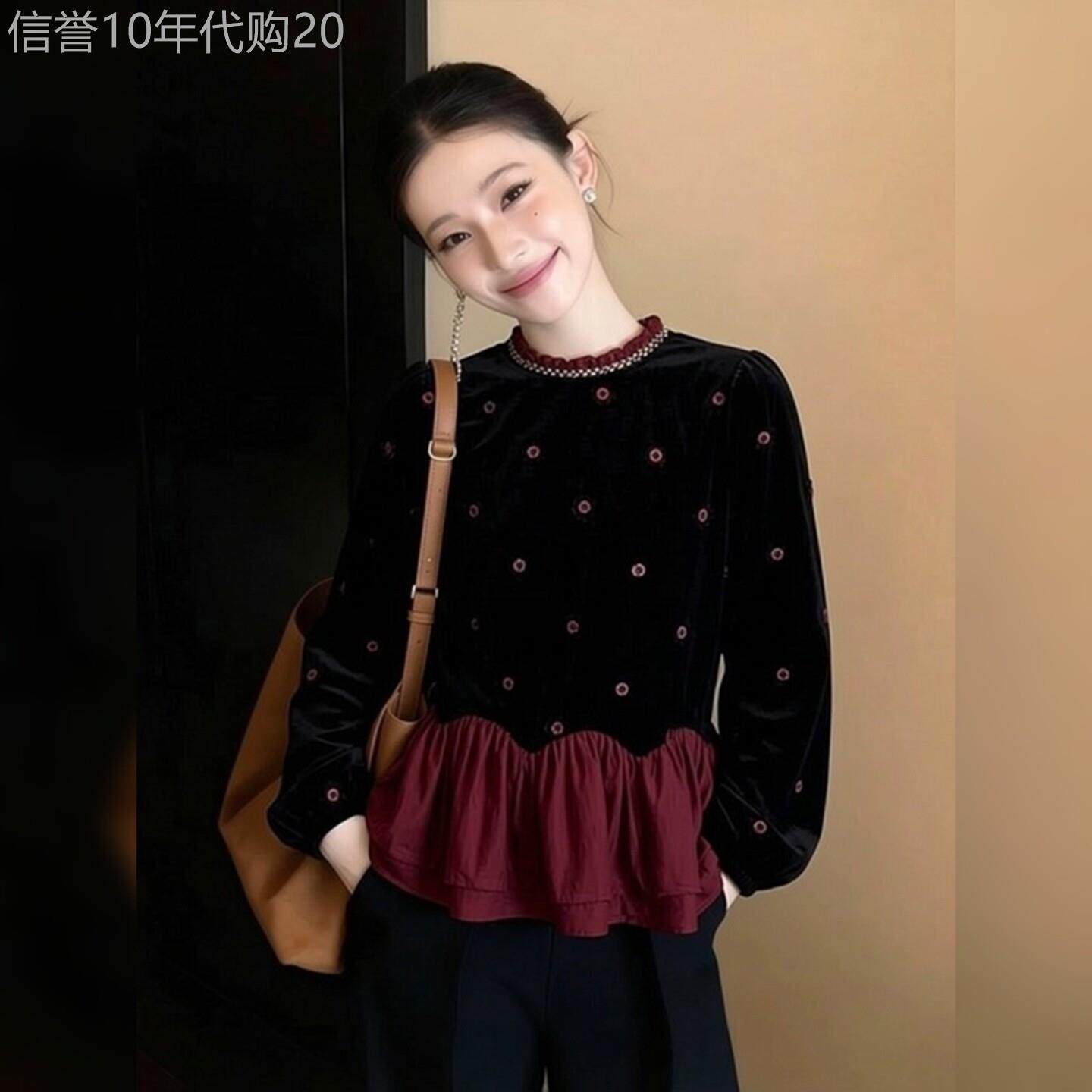 设计感宽松百搭拼接丝绒衬衫女2026春季气质别致显瘦休闲长袖衬衣