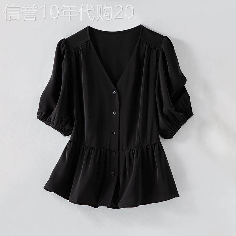 潮牌设计感2026年夏季新款高腰修身显瘦V领短袖雪纺衫女黑色上衣