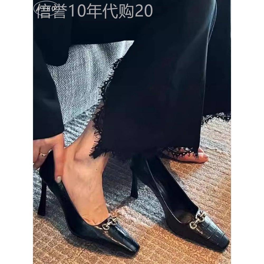 真皮黑色高跟鞋女2025春秋季新款方头漆皮鳄鱼纹职业通勤浅口单鞋