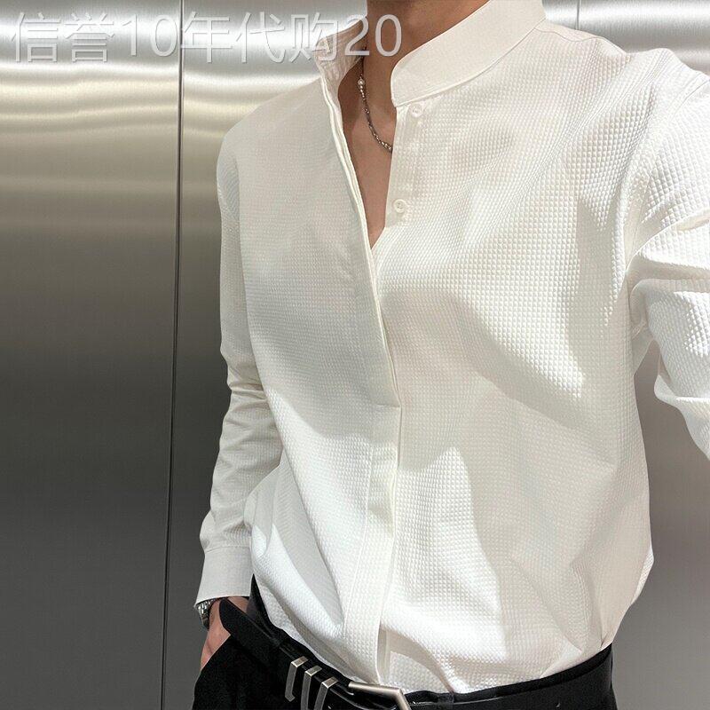 香港高级感中式立领衬衫男长袖秋季高端商务男士白色衬衣宽松高端