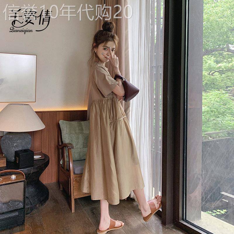 卡其色洋装女夏2026新款复古法式文艺森系别致独特设计宽松裙子