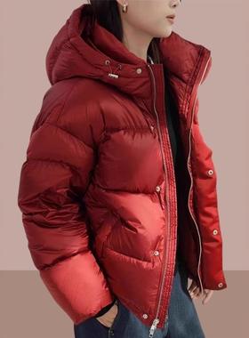 日系高级感红色羽绒服外套女2025新款爆款冬季宽松连帽面包服棉衣