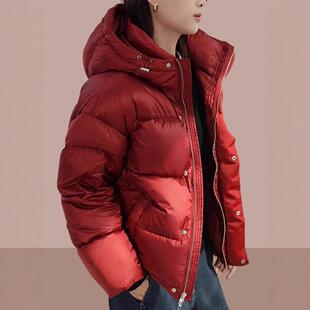 日系高级感红色羽绒服外套女2025新款爆款冬季宽松连帽面包服棉衣