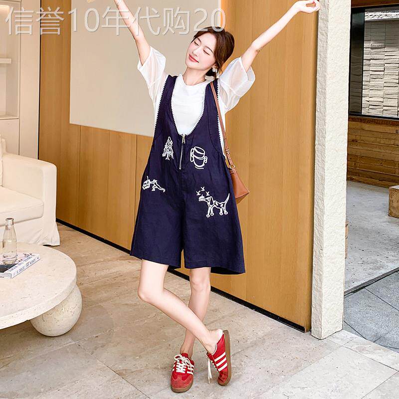 藏青色刺绣休闲背带裤套装女2026夏季短袖T恤阔腿短裤显瘦两件套