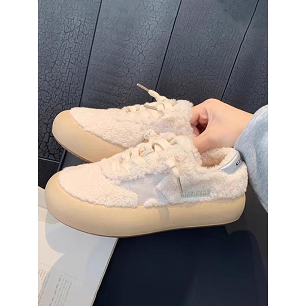 港风真皮加绒毛毛鞋星星厚底板鞋女春秋新款羊羔绒休闲鞋单鞋棉鞋