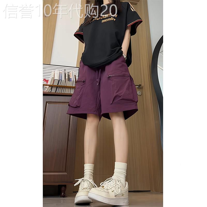 紫色美式工装短裤女2025新款夏季穿搭高腰宽松休闲 运动五分阔腿