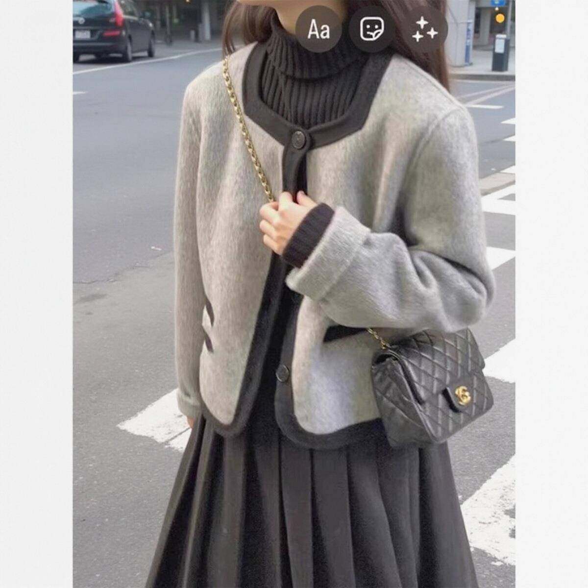 日系高级感灰色小香风短款毛呢外套女秋冬外搭气质名媛小西装夹克