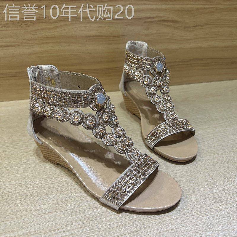 真皮坡跟罗马凉鞋女夏季2026新款仙女风后拉炼水钻包跟露趾沙滩鞋