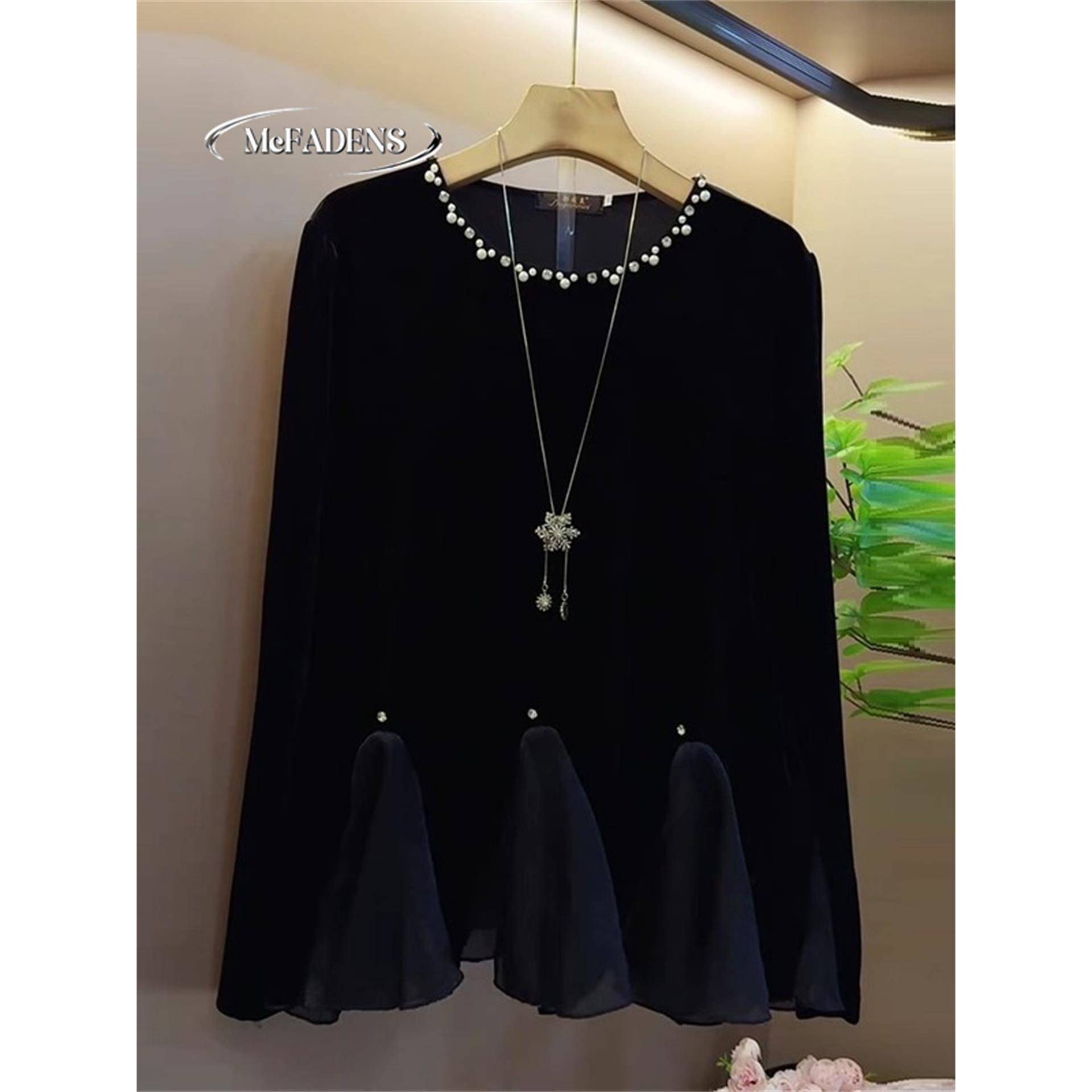 香港新款秋季丝绒拼接气质圆领上衣胖MM显瘦大码女装钉珠长袖衬衫