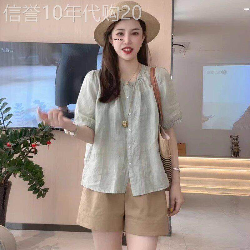 立领棉麻短袖衬衫女夏季欧货2025年宽松衬衣别致绝美气质苎麻上衣