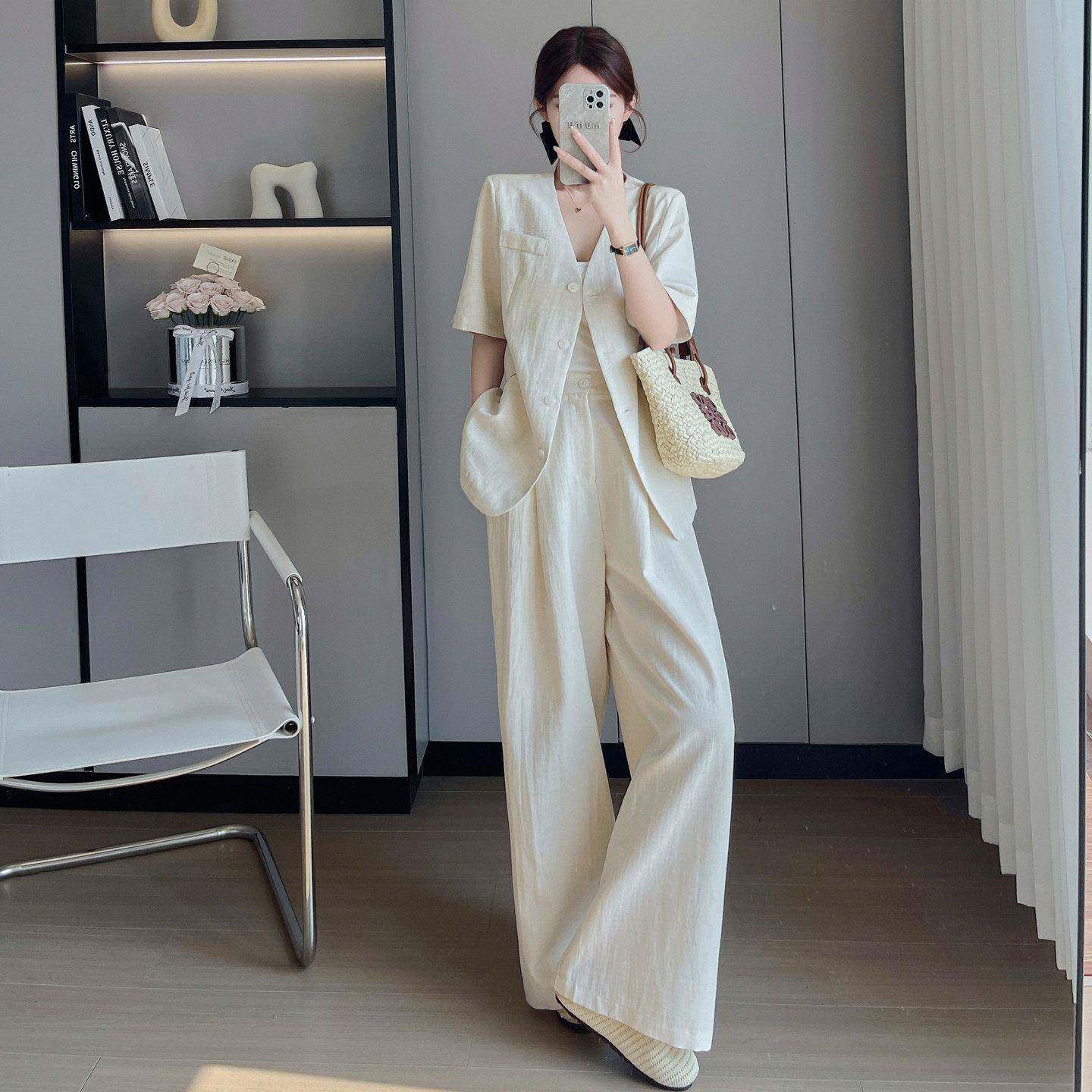 欧洲站女夏季高级感米白无领西装套装松弛透气通勤两件阔腿裤