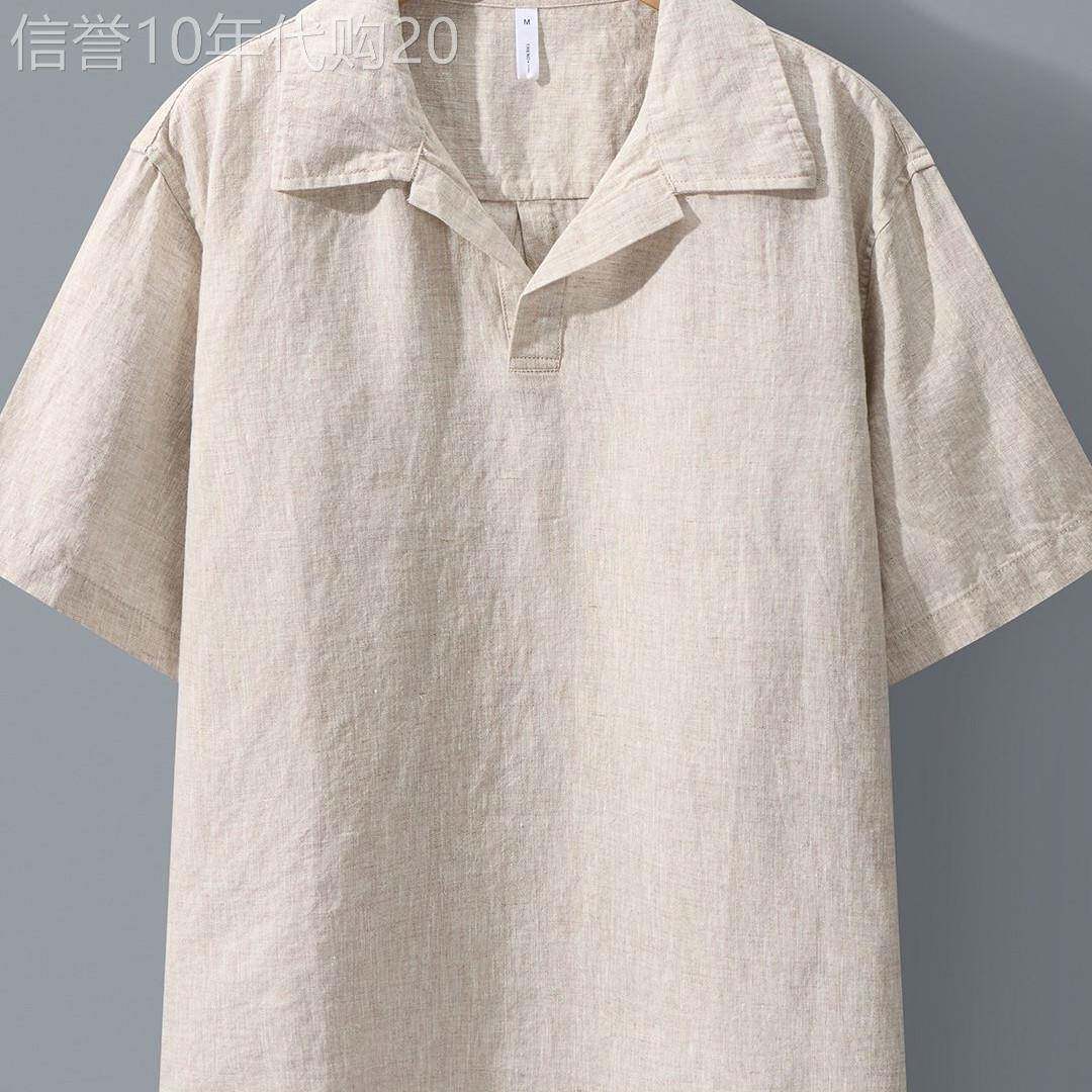 老钱风纯亚麻翻领POLO衫男夏季薄款透气翻领套头衬衫潮流短袖T恤