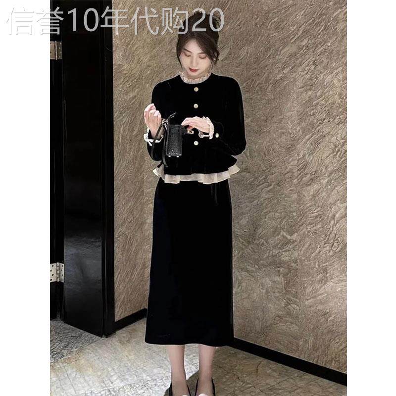 假两件金丝绒连衣裙女春秋欧货拼接蕾丝花边法式赫本中长款小黑裙