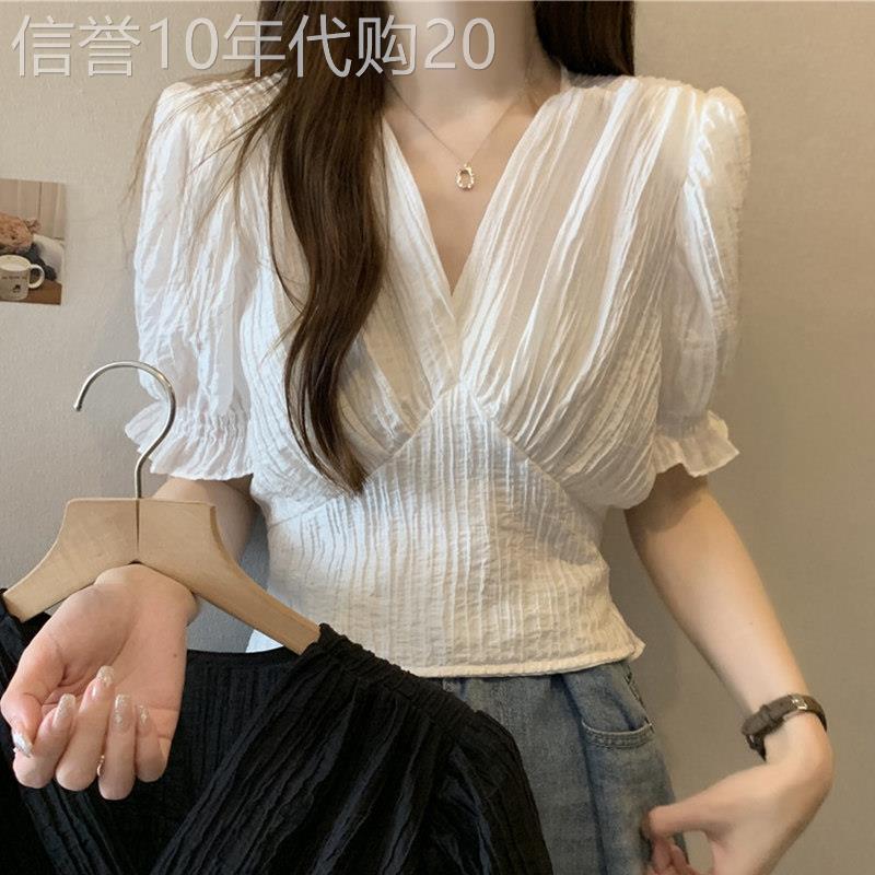 韩国白色V领短袖T恤女2026年夏季新款短款小个子多巴胺泡泡袖上衣