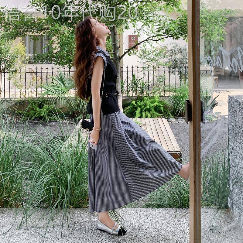 韩风chic一整套女2026夏季新款气质显瘦花边背心格子半身裙两件套