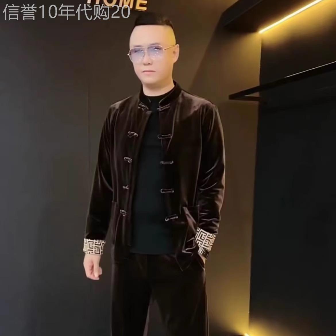 男士金丝绒套装中国风高级感唐装立领时尚长袖长裤无痕中式外套男